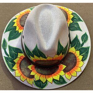 Tonpsom Straw Vented Cowboy Hat Painted Sunflowers Medium Made In Mexico EUC
